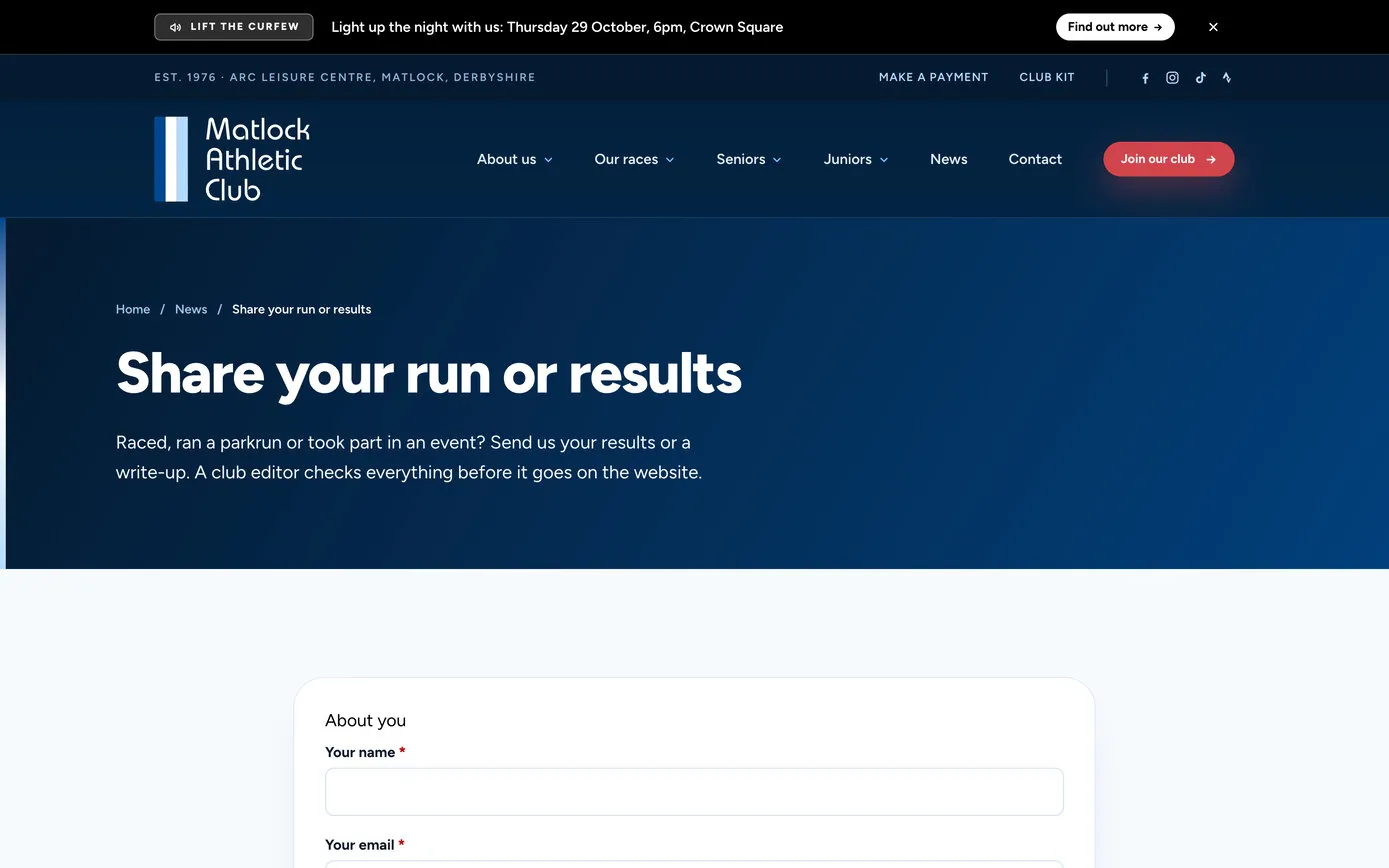 The Share your run or results page: “Raced, ran a parkrun or took part in an event? Send us your results or a write-up. A club editor checks everything before it goes on the website.” above the start of the form