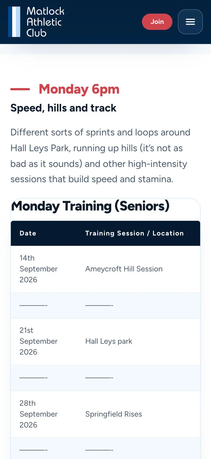 The senior training page on a phone, opened at Monday: “Monday 6pm, Speed, hills and track”, then the Monday Training (Seniors) table with the same dates and sessions