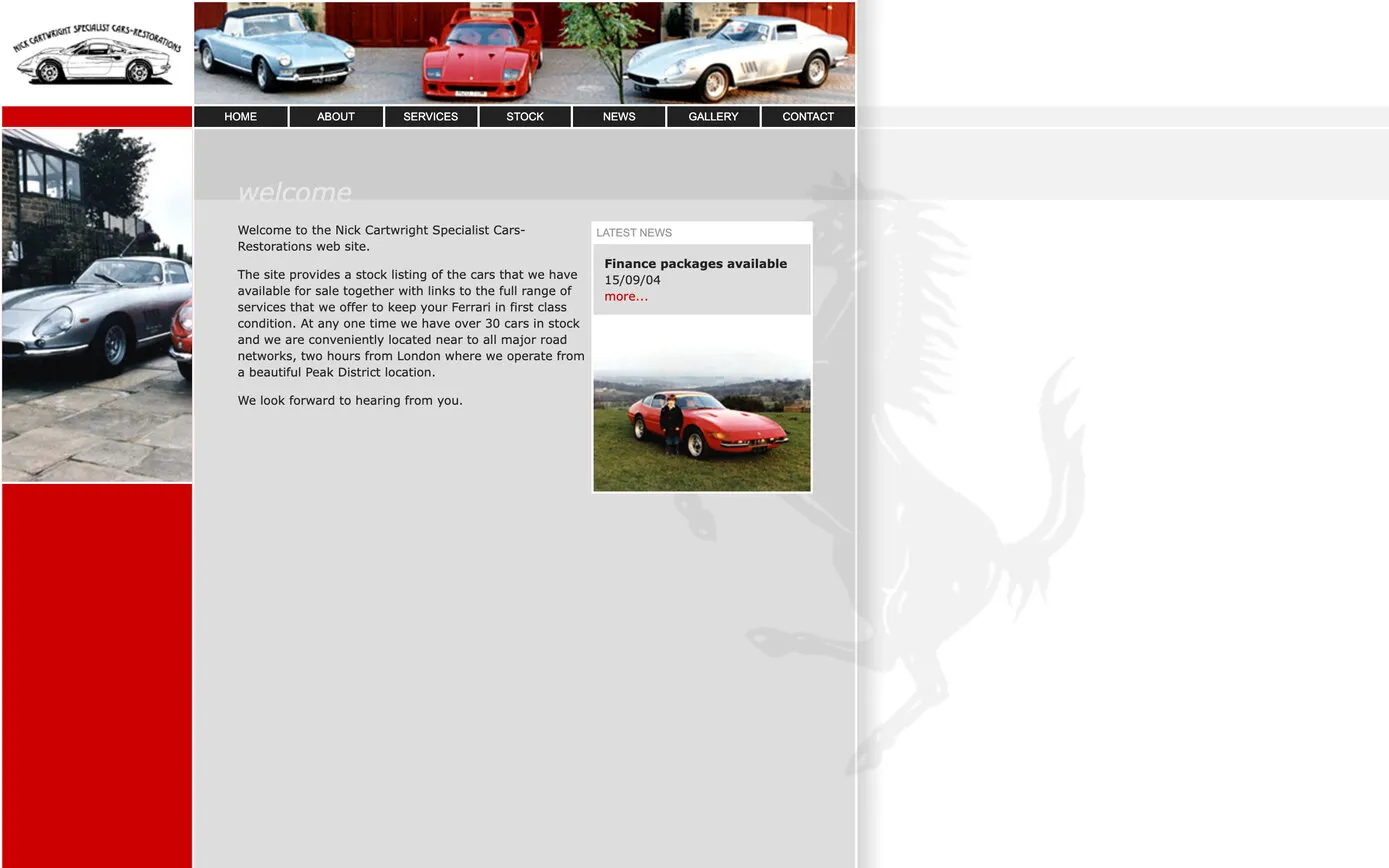 nickcartwright.com in 2005: a red side panel, a row of classic Ferraris along the top and a faint prancing horse behind the welcome text