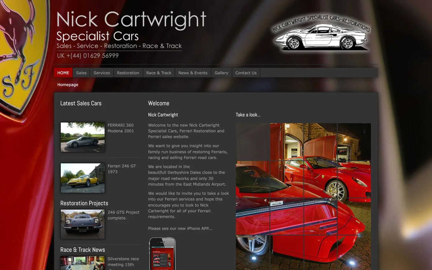 nickcartwright.com in 2013: “Nick Cartwright Specialist Cars” in a dark red header with the old line-drawing logo, and lists of sales cars and restoration projects