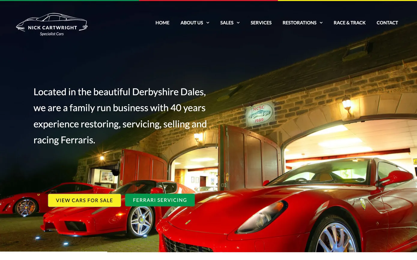 nickcartwright.com in June 2018: the new car-outline logo and menu over the night photo of the barns, with “40 years experience” and yellow and green buttons