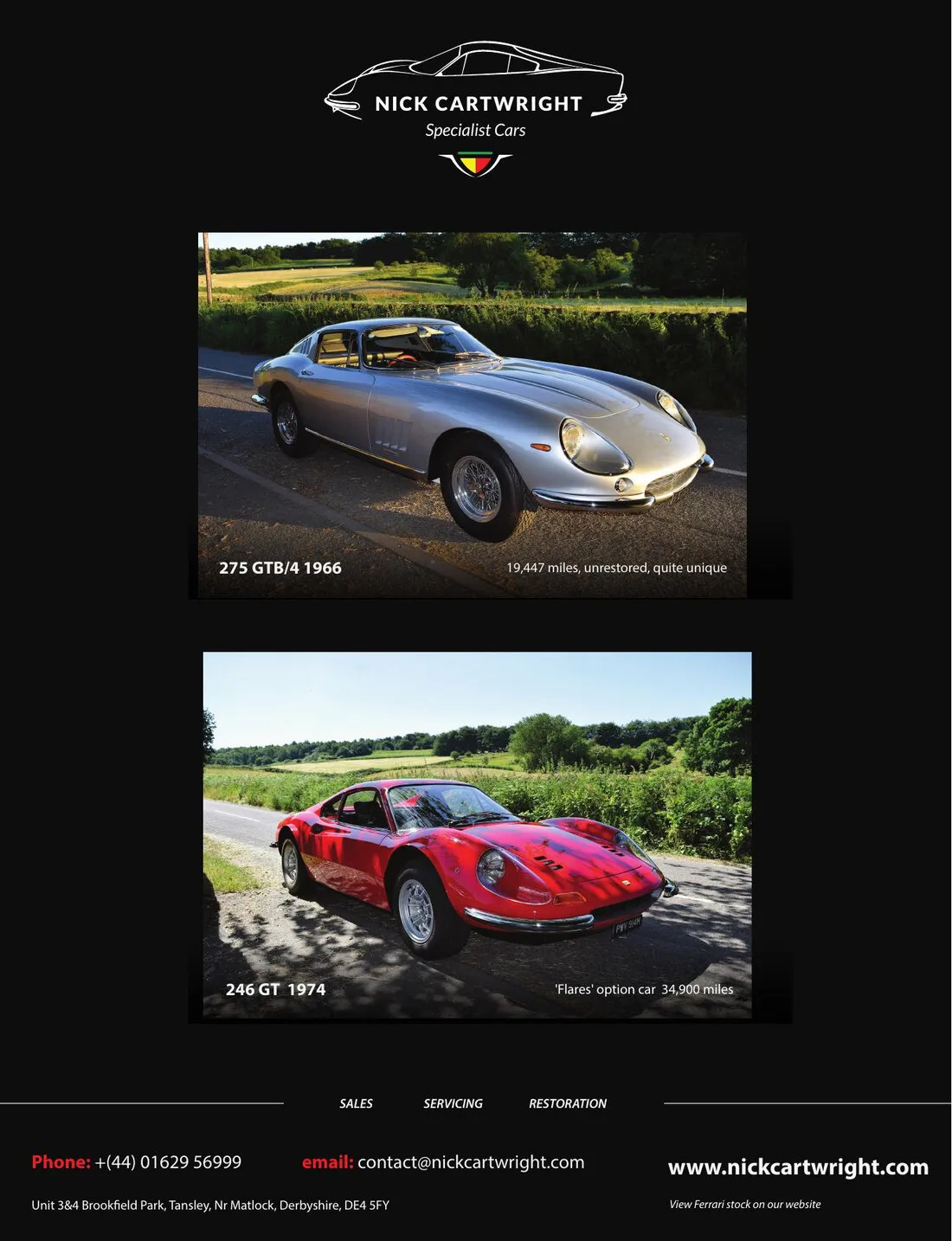 The 2018 Enzo magazine advert: the white logo at the top of a black page, a silver 275 GTB/4 above a red Dino 246 GT, and contact details at the foot