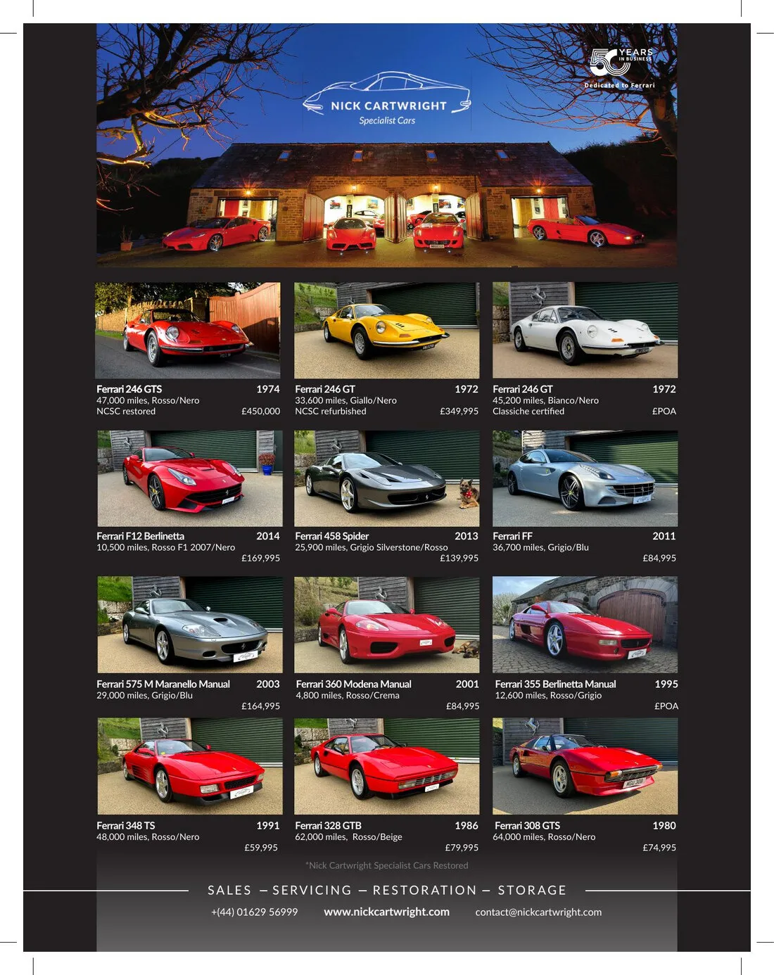 The 2025 advert: the barns at dusk across the top, then a grid of twelve Ferraris for sale, each with its year, mileage and price