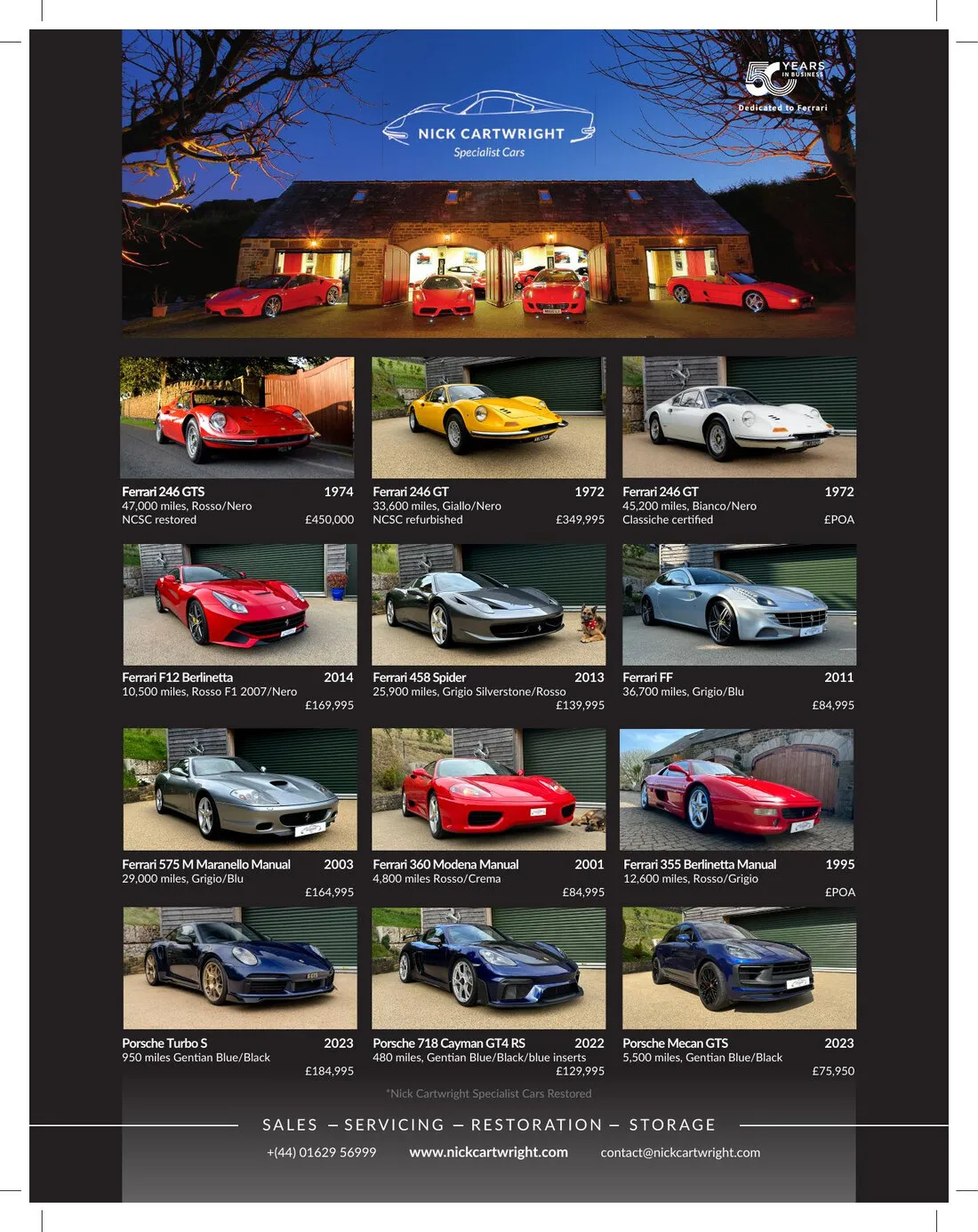 The 2025 advert with Porsches: the same layout, with three Porsches in the bottom row