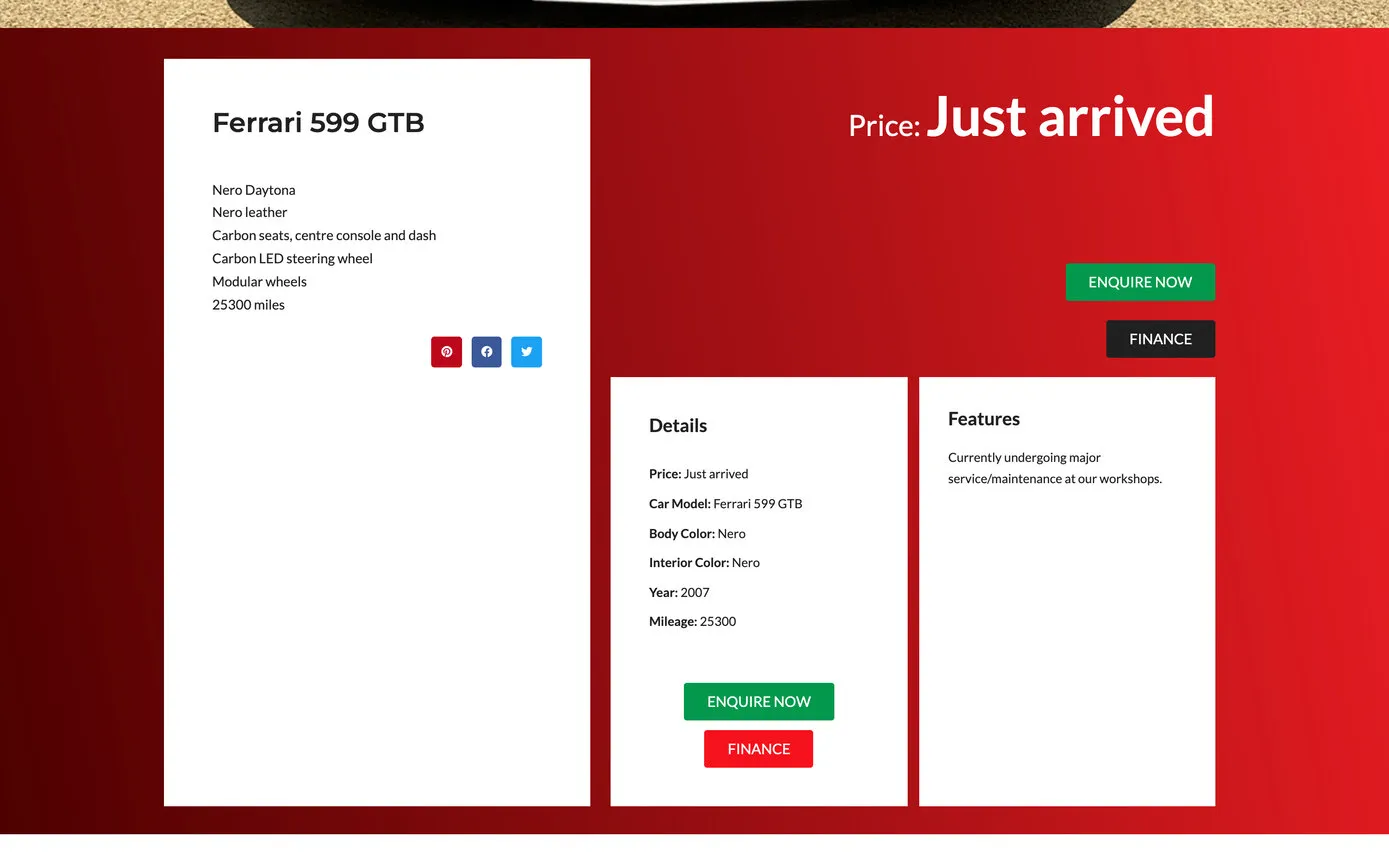 A car for sale: the Ferrari 599 GTB’s details on a red panel, with “Enquire now” and “Finance” buttons