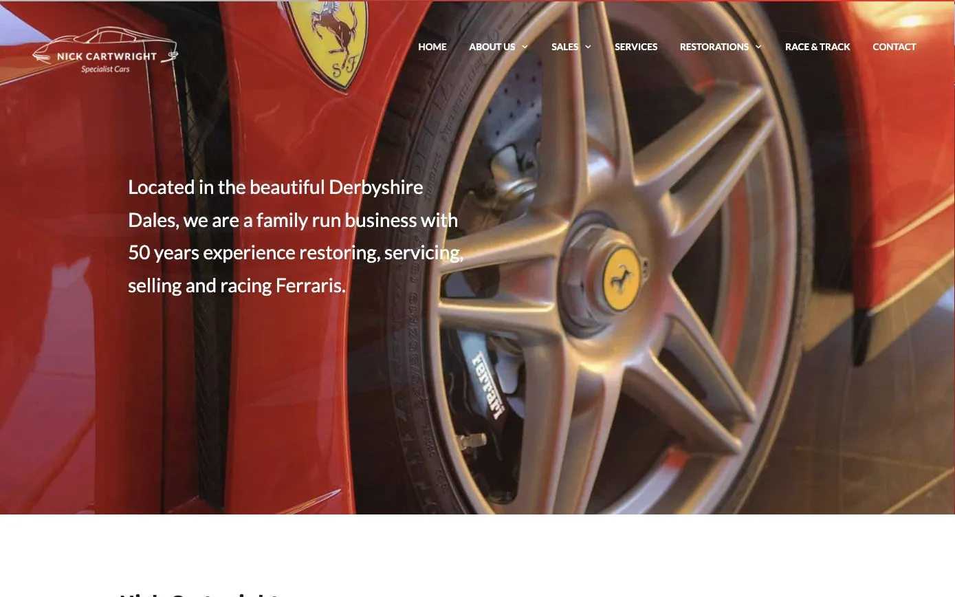 Nick Cartwright Specialist Cars homepage: a close-up of a Ferrari wheel