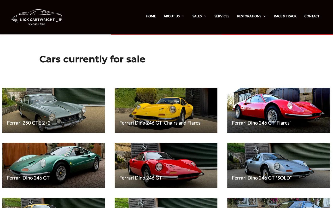 The cars for sale page: a grid of photos of classic Ferraris, each with its model name