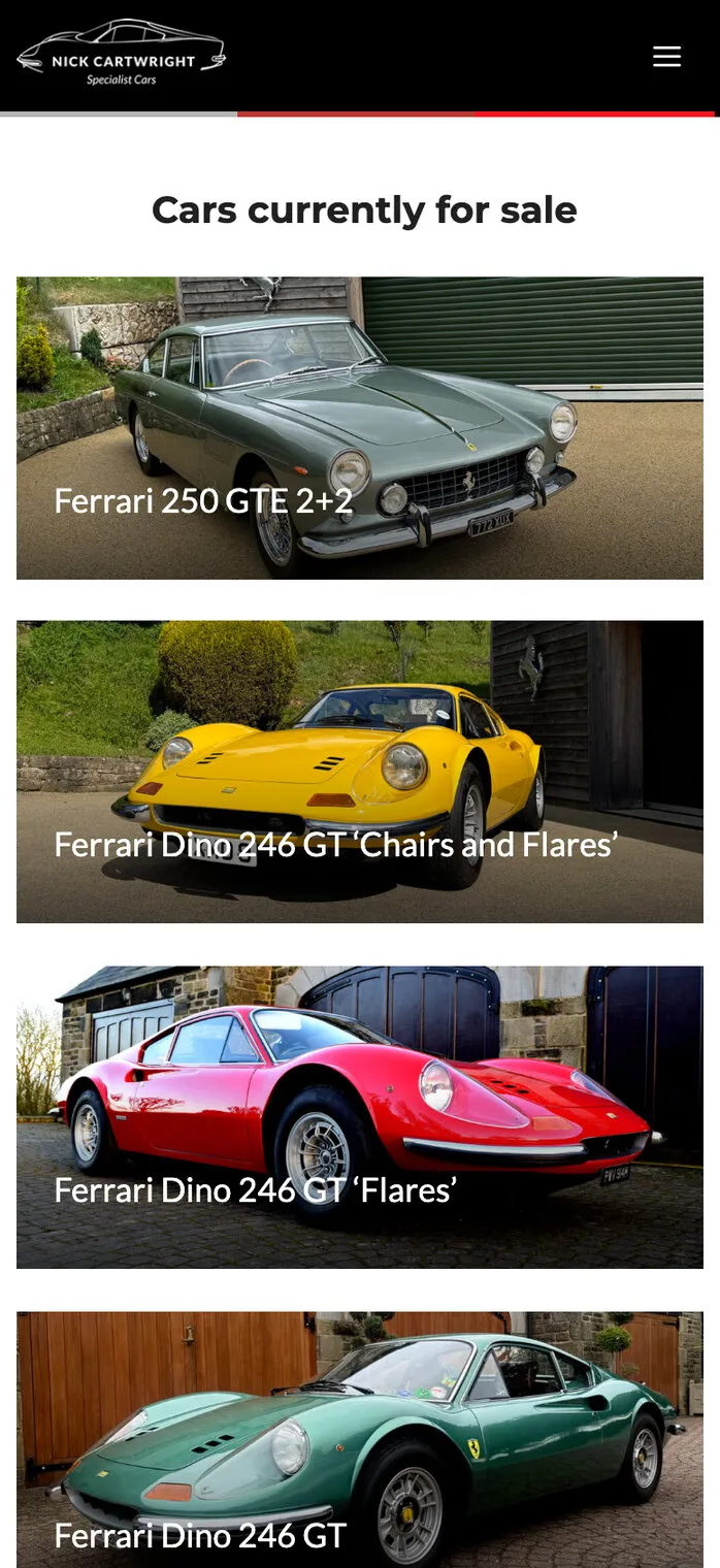 The cars for sale on a phone, one car to a row