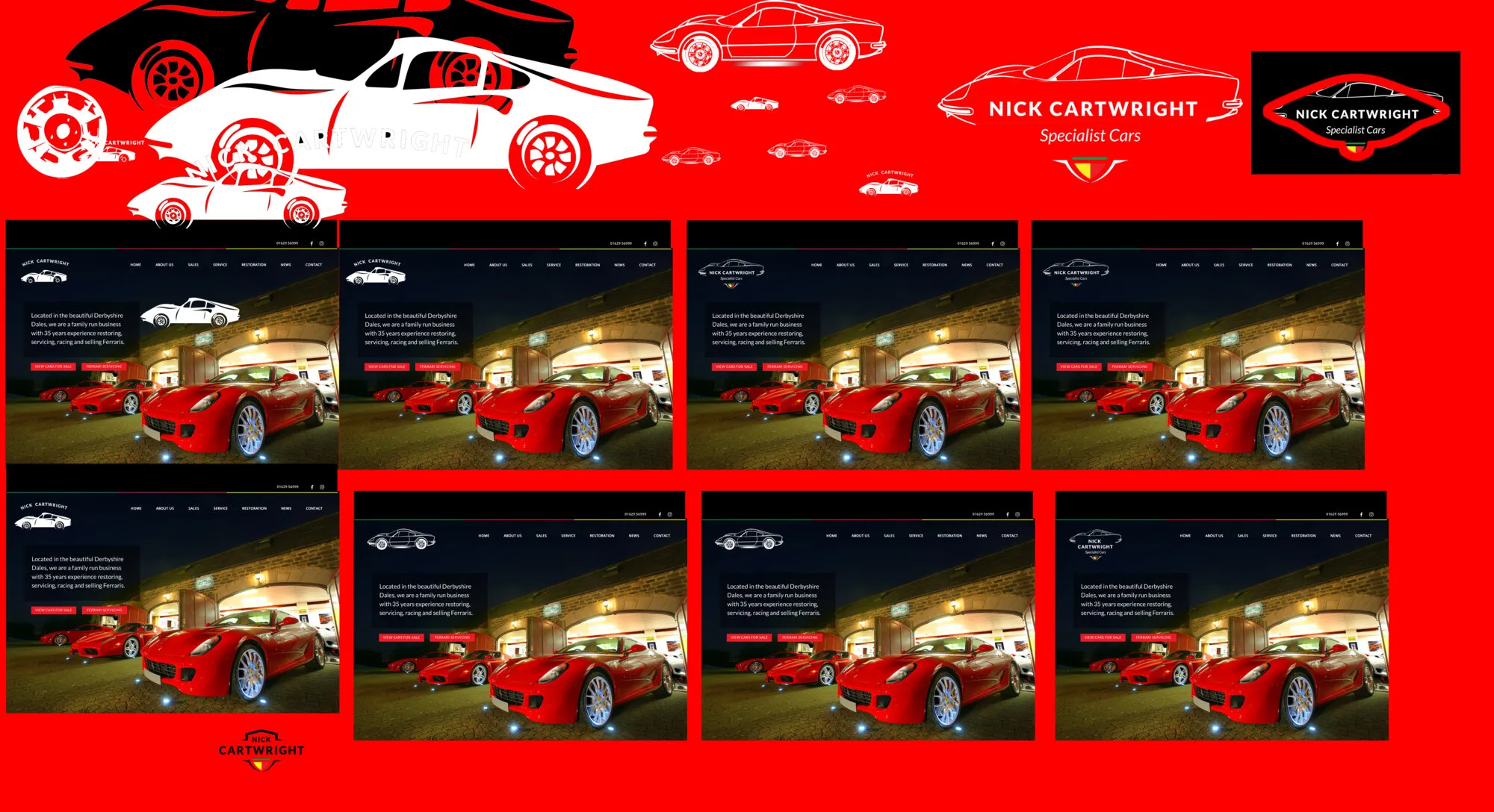 Our logo options, February 2018: Dino outlines in white on red, the finished logo in white, a badge version, and eight copies of the homepage header each trying a different logo