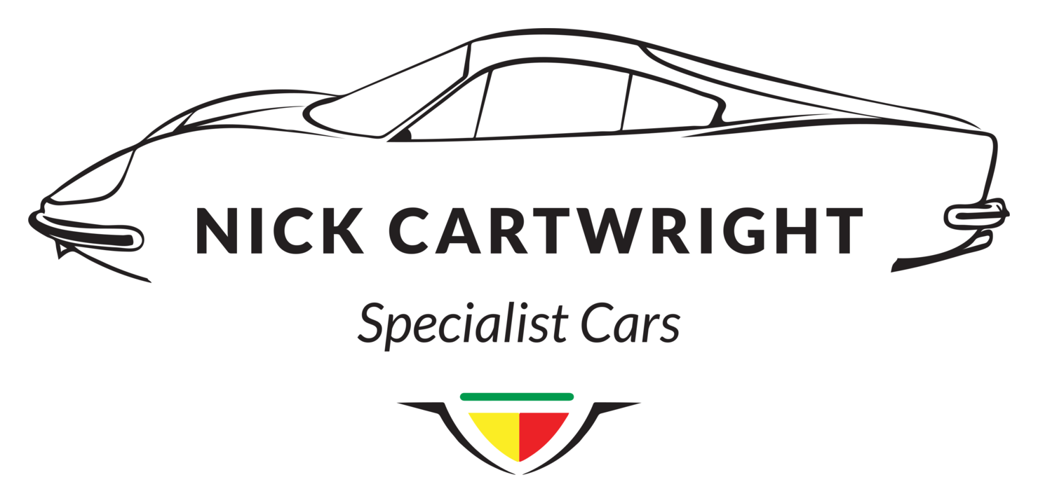 The new logo: the Dino as one bold line above “Nick Cartwright”, with “Specialist Cars” in italics and a small green, yellow and red shield
