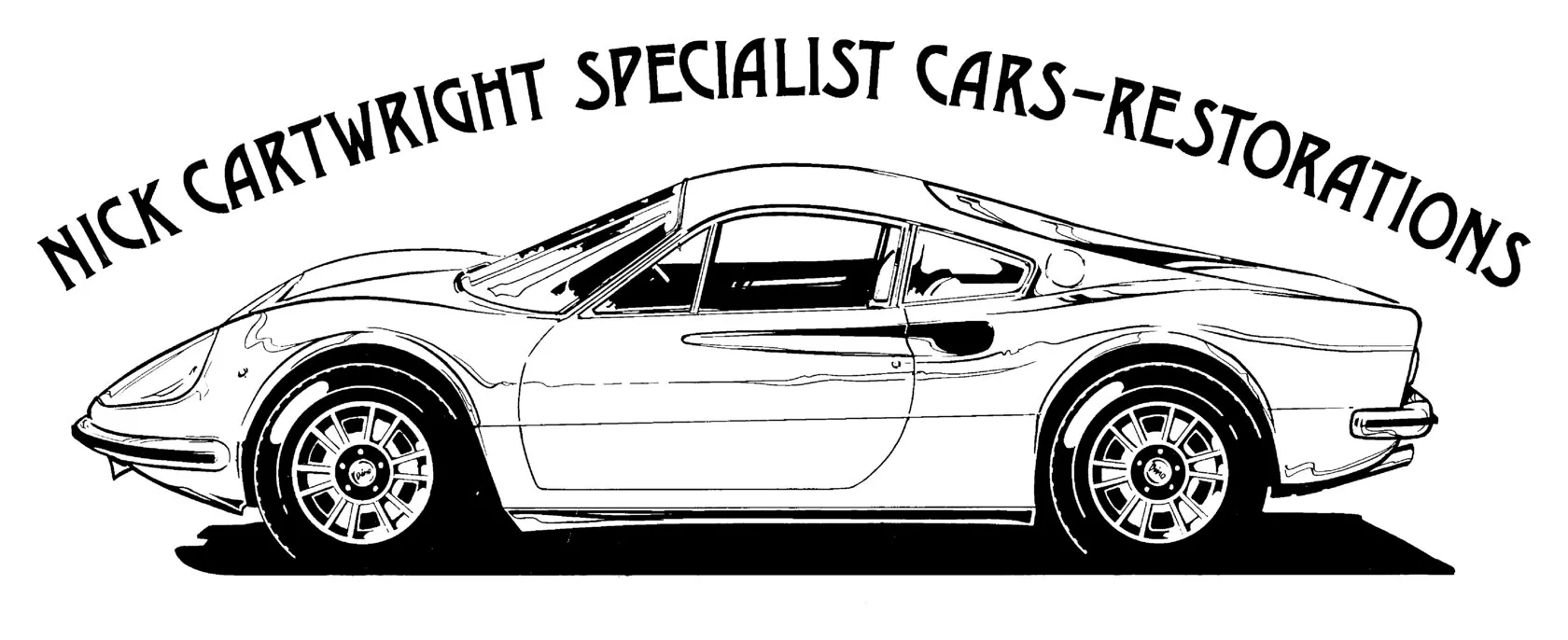 The old logo: a detailed line drawing of a Ferrari Dino with “Nick Cartwright Specialist Cars-Restorations” curved above it