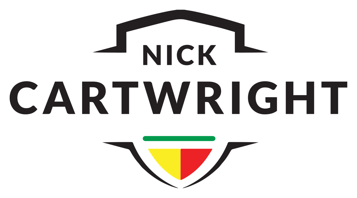 The racing logo: “Nick” over “Cartwright” under a roof-line bracket, with the green, yellow and red shield below