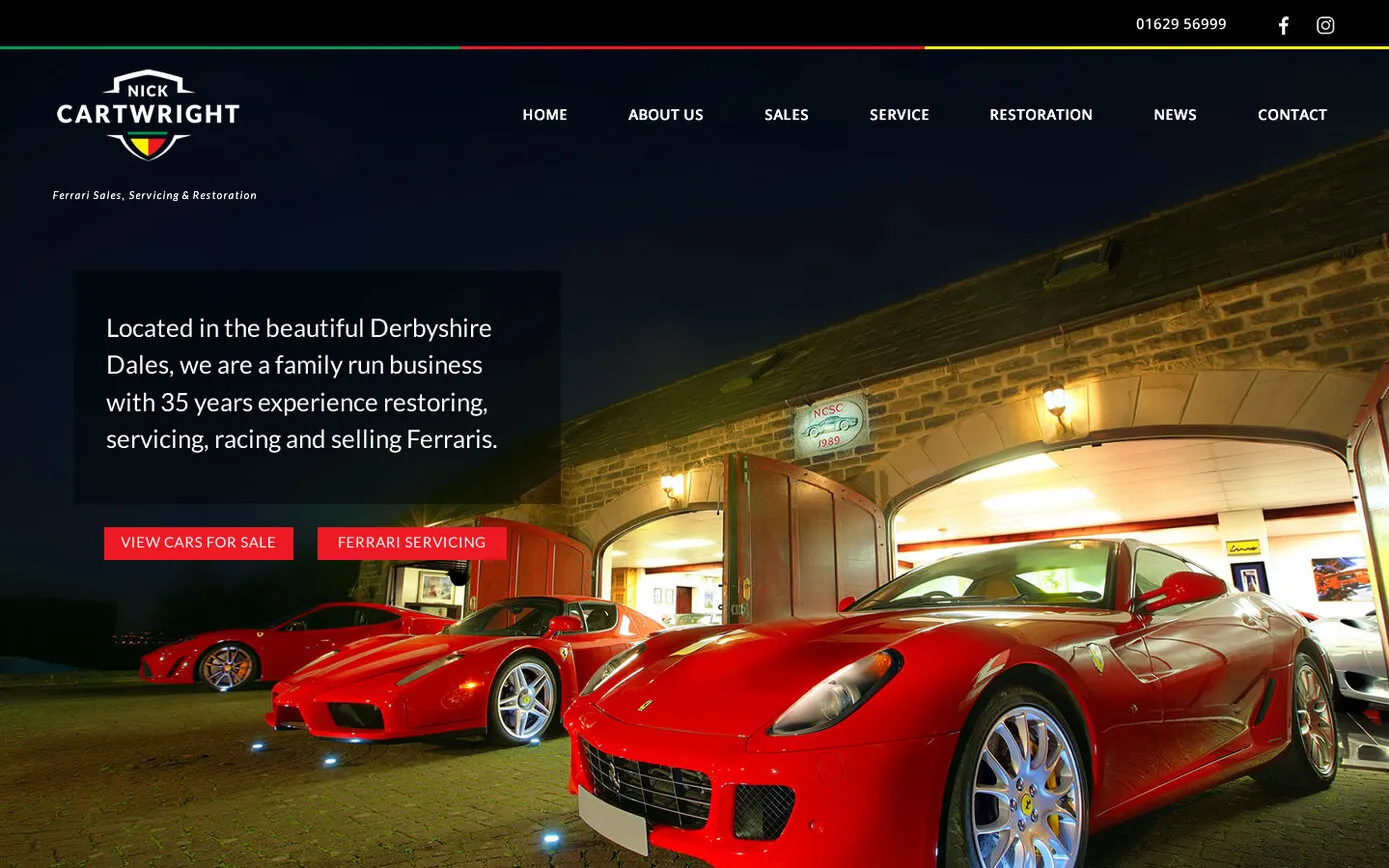 Our January 2018 homepage mock-up: a shield logo reading “Nick Cartwright” over a night photo of red Ferraris outside the barns, and buttons for cars for sale and Ferrari servicing