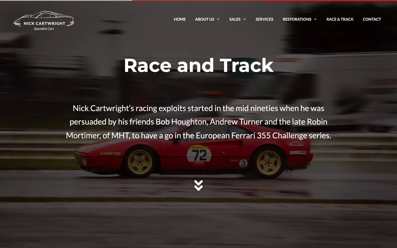 The Race and Track page: a red Ferrari 308 numbered 72 racing, under the story of how Nick started racing in the 1990s