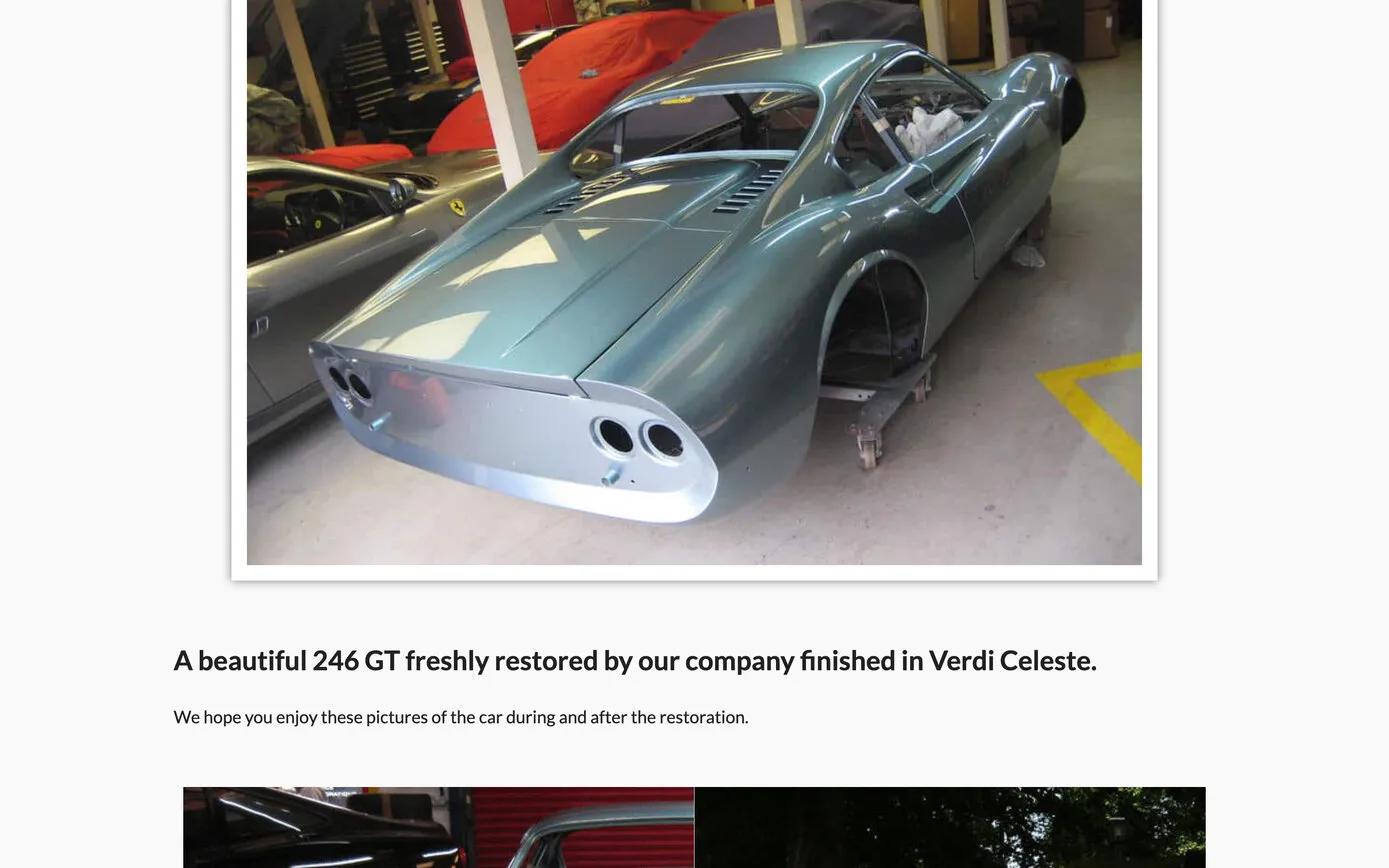 A restoration project page: a Dino 246 GT body in pale blue-green paint in the workshop, and “A beautiful 246 GT freshly restored by our company finished in Verdi Celeste”