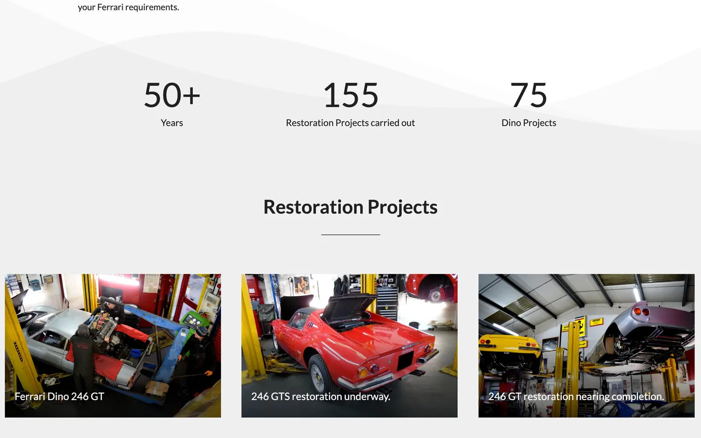 The restorations page: 50+ years, 155 restoration projects and 75 Dino projects, above a grid of restoration photos