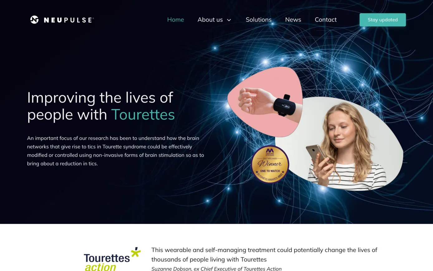 neupulse.co.uk in April 2022: the logo and menu over a dark field of neural connections, with the photo shapes and an award badge
