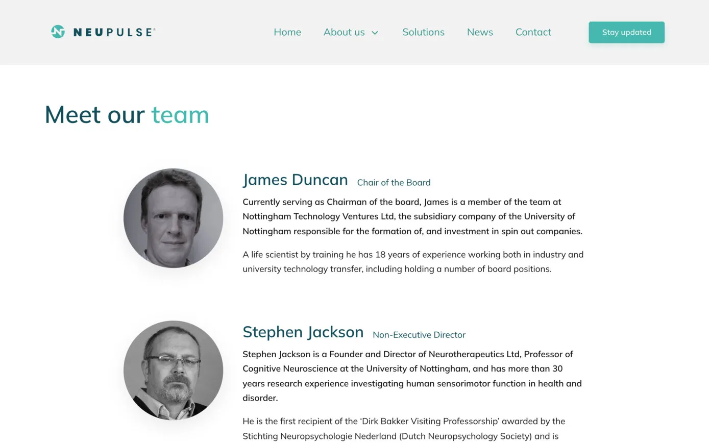 The Meet our team page in December 2022: round black-and-white portraits beside each person’s name, role and biography