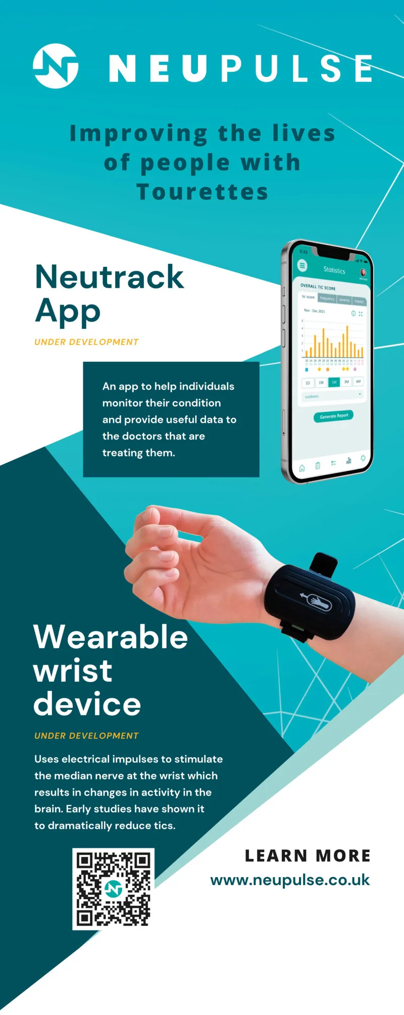 The general roller banner: “Improving the lives of people with Tourettes”, the Neutrack app on a phone, a hand wearing the wrist device, a QR code and www.neupulse.co.uk