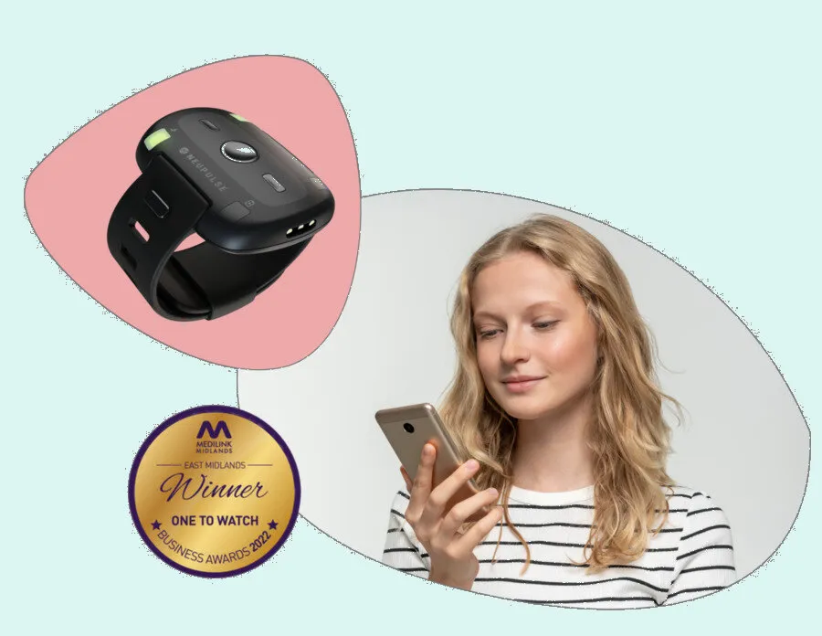 Photos set in soft rounded shapes, one pink and one white, with an award badge: the device in one and a woman reading her phone in the other