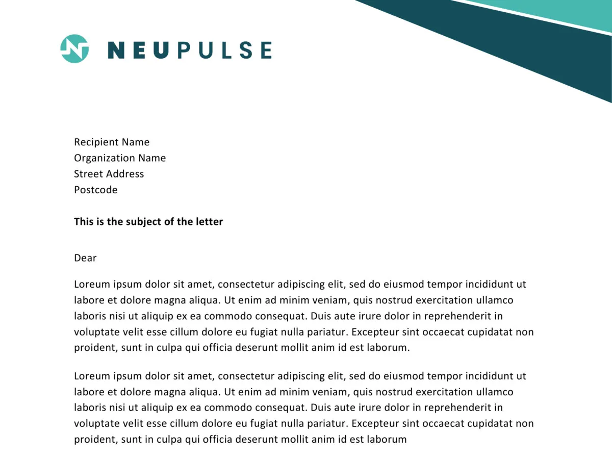 The top of the letterhead: the logo on the left and the angled teal and petrol graphic in the top right corner