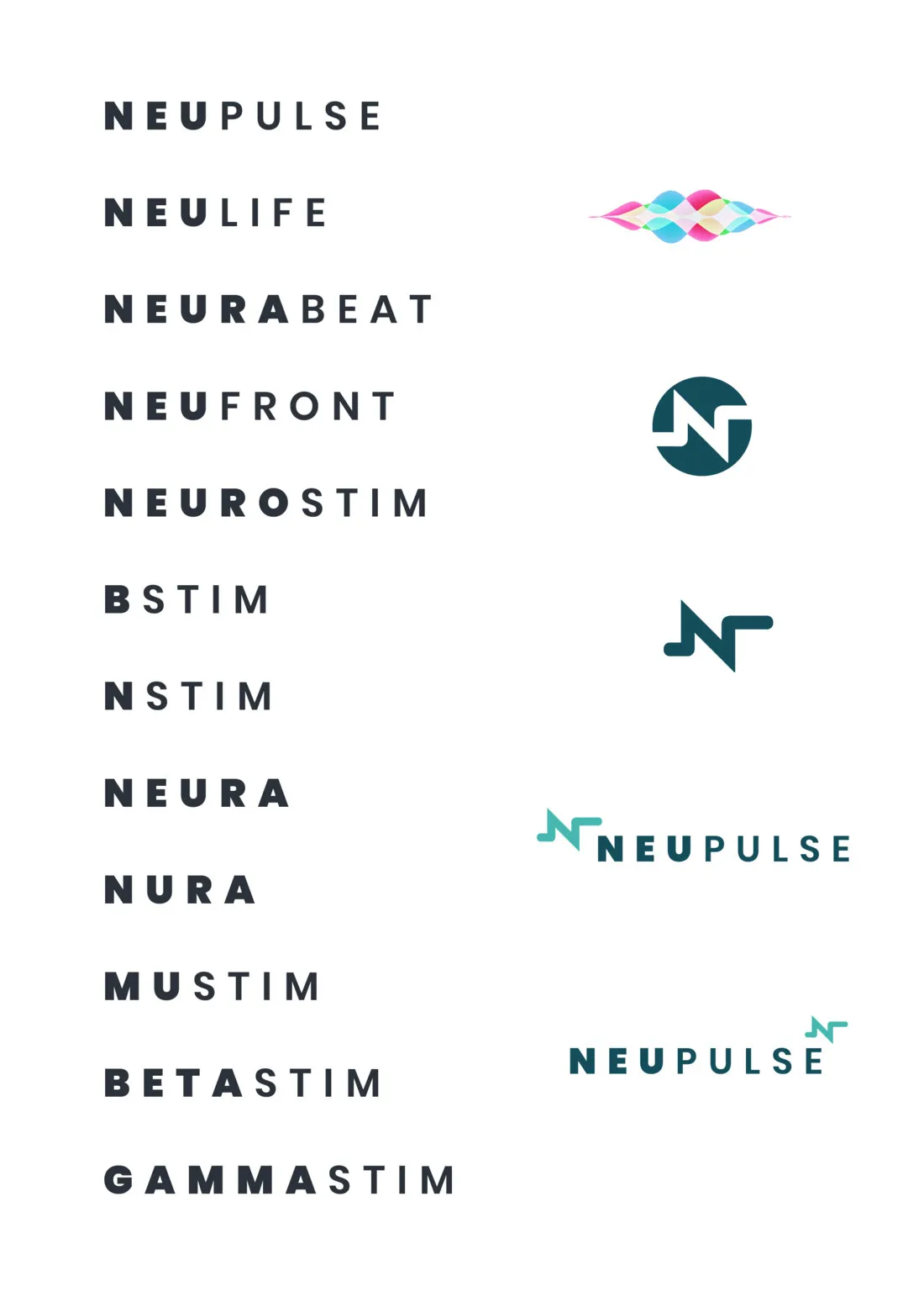Our first naming and logo sheet, 5 October 2021: twelve names set in capitals, NEUPULSE first, then NEULIFE, NEURABEAT, NEUFRONT, NEUROSTIM and more, beside four ideas for a symbol