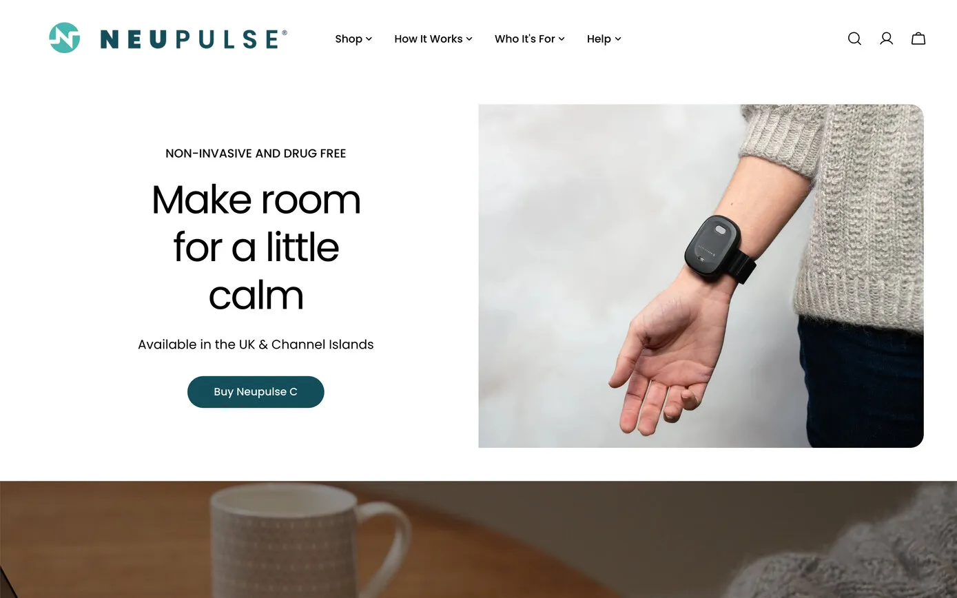 The Neupulse shop’s homepage today: the teal and petrol NEUPULSE logo above “Make room for a little calm”, beside a photo of the wrist-worn device