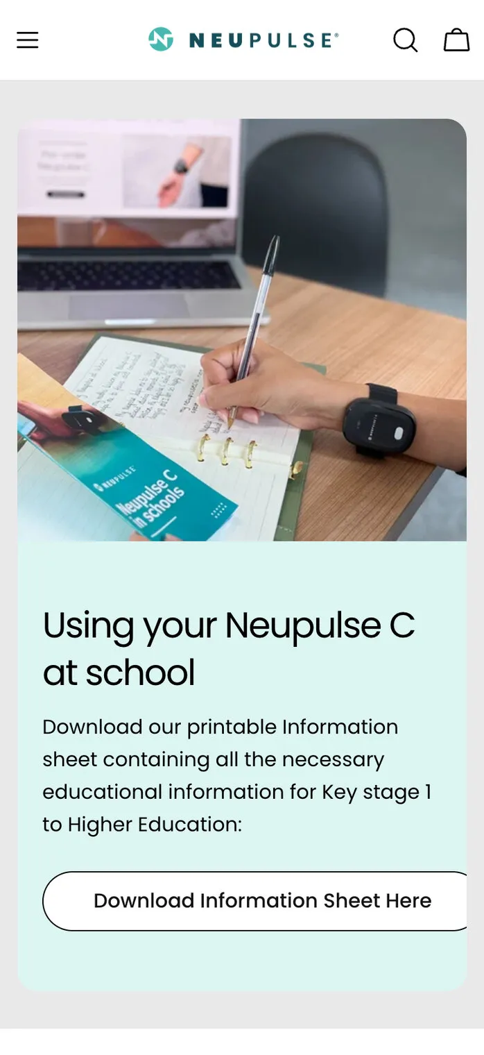 A page for schools on a phone: “Using your Neupulse C at school”, with a download for teachers