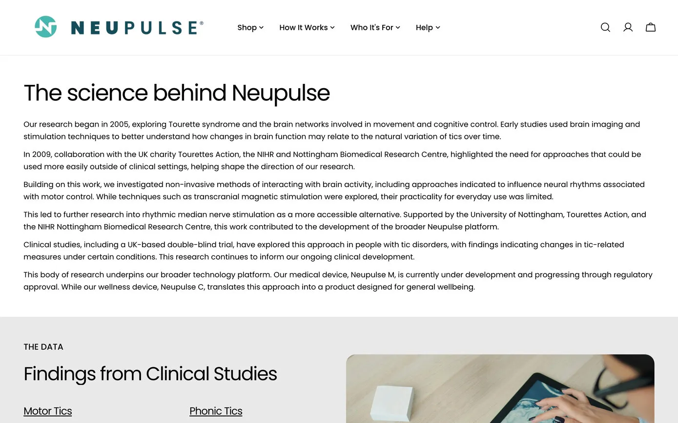 The science page on the Shopify site: “The science behind Neupulse”, a history of the research since 2005, in the brand’s typeface