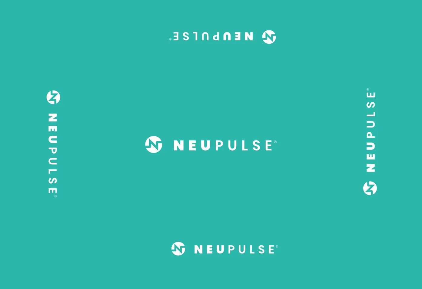 The exhibition tablecloth artwork: the white logo in the middle of a teal cloth, repeated along each edge