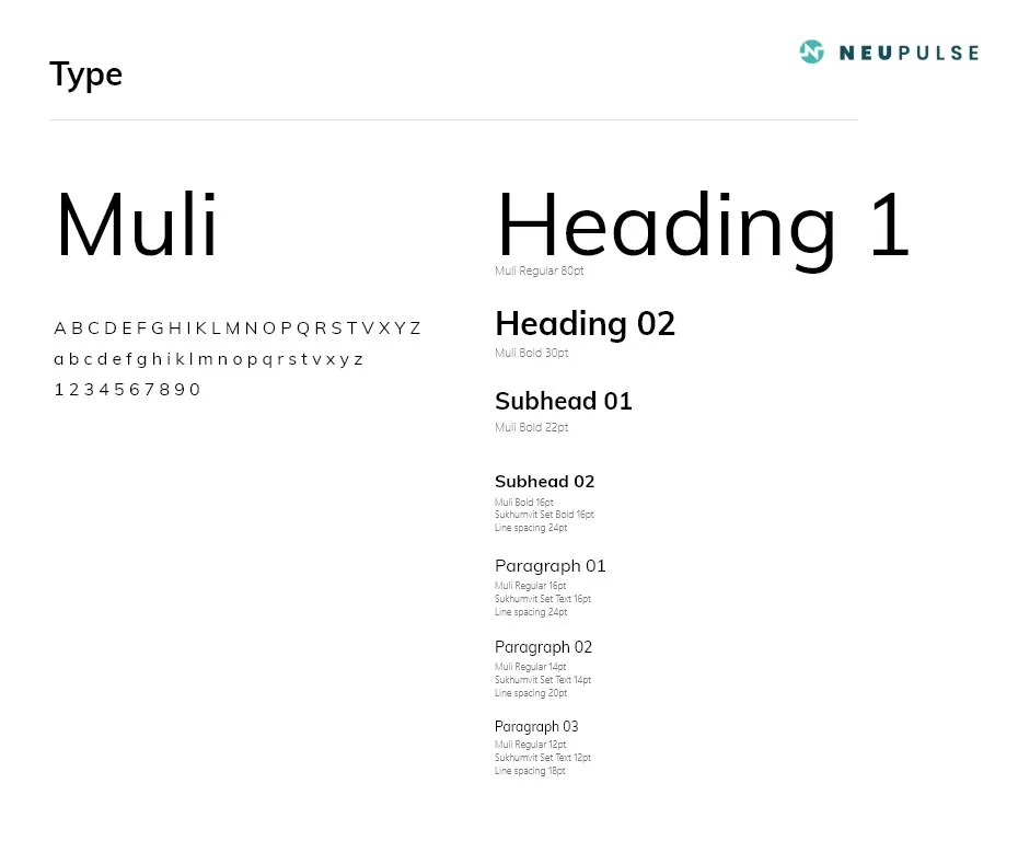 The type board: Muli in five sizes, from Heading 1 down to small paragraph text
