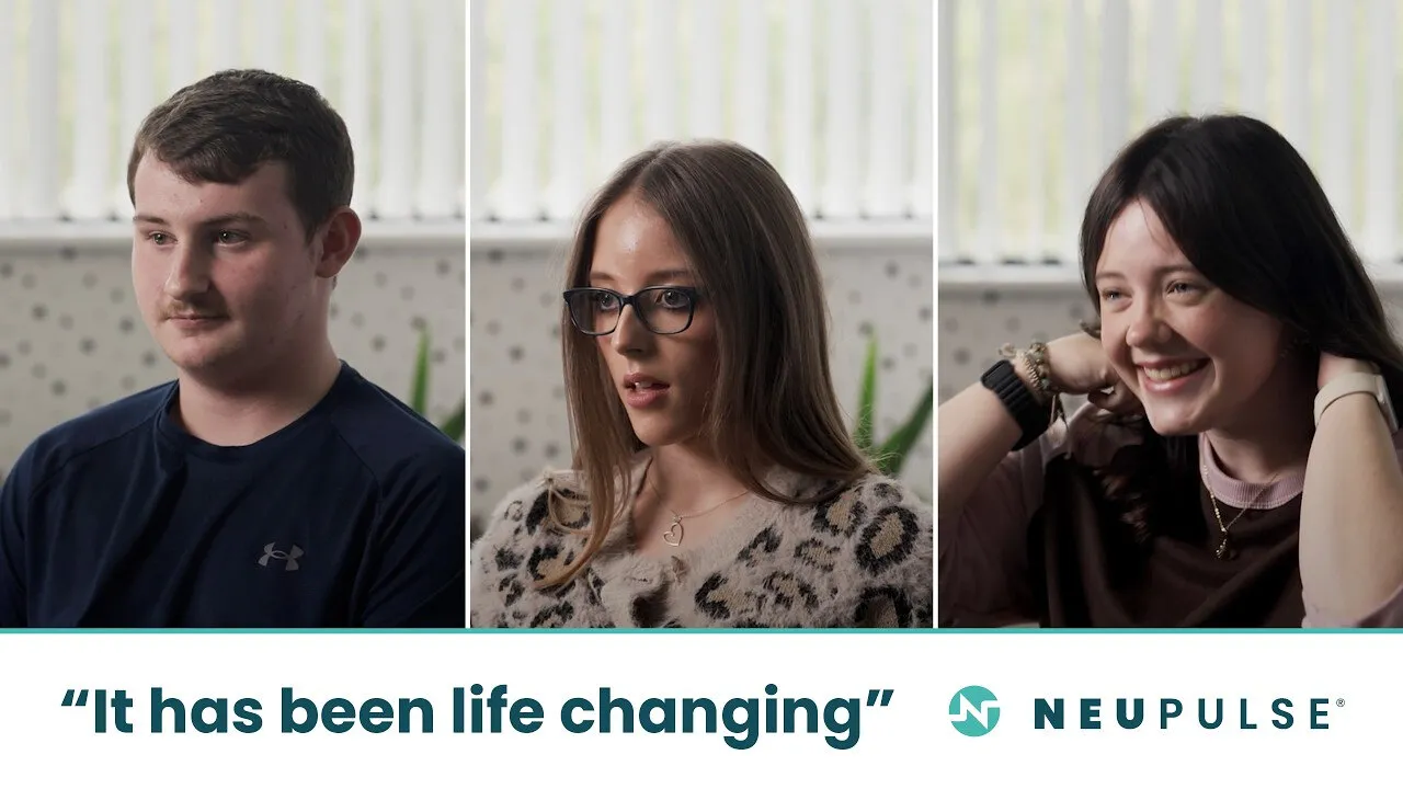 Three young people, each with “It has been life changing” and the Neupulse logo: the opening of Neupulse’s Family Stories film