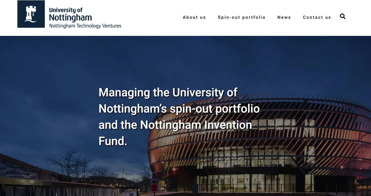 The home page in the University’s brand: a white bar with the University of Nottingham’s composite logo and the menu, over the Ingenuity Centre at night, with “Managing the University of Nottingham’s spin-out portfolio and the Nottingham Invention Fund.” set against the sky