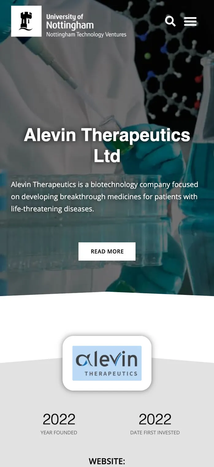 Alevin Therapeutics’ page on a phone: the company’s name over a laboratory photo, then its logo, with 2022 as both the year founded and the year first invested