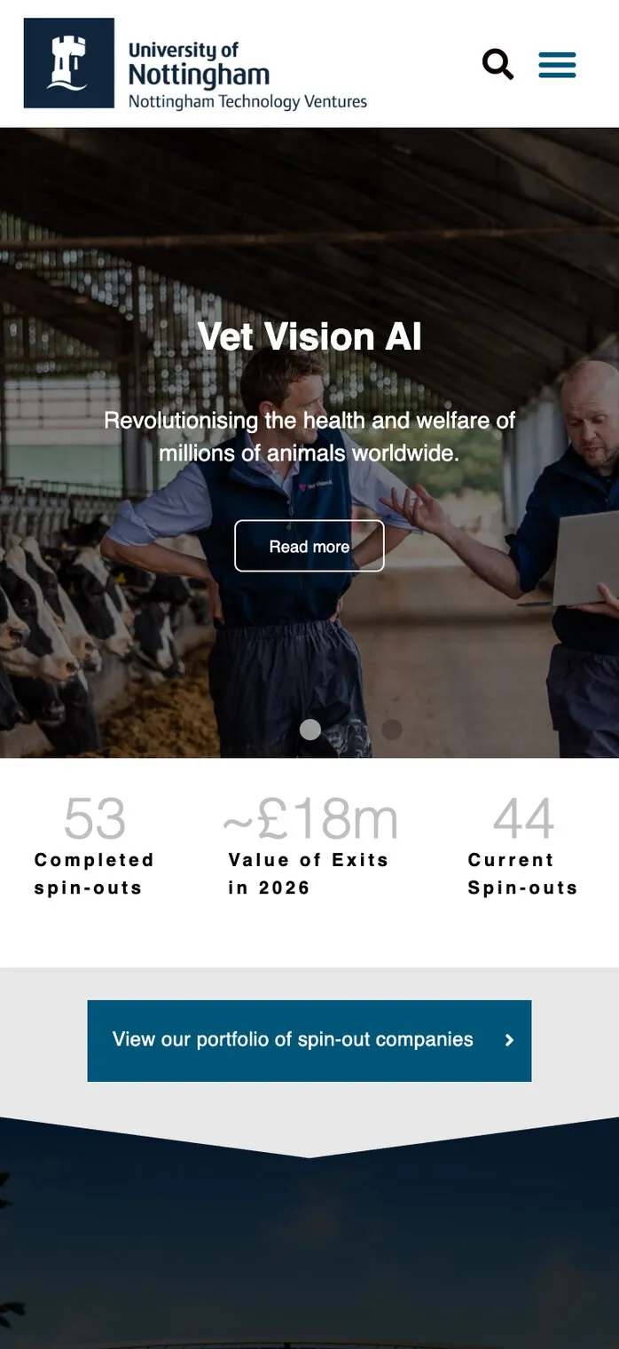 The same home page on a phone, with the portfolio’s figures under the slide: 53 completed spin-outs, around £18m from exits in 2026 and 44 current spin-outs