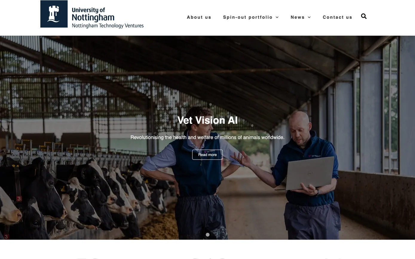 The Nottingham Technology Ventures home page today: the University of Nottingham’s castle logo and the menu above a slide for the spin-out Vet Vision AI, two people talking in a cattle shed