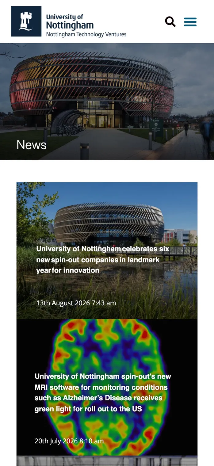 The News page on a phone: the Ingenuity Centre lit up at dusk, then the latest stories, starting with the University’s six new spin-out companies