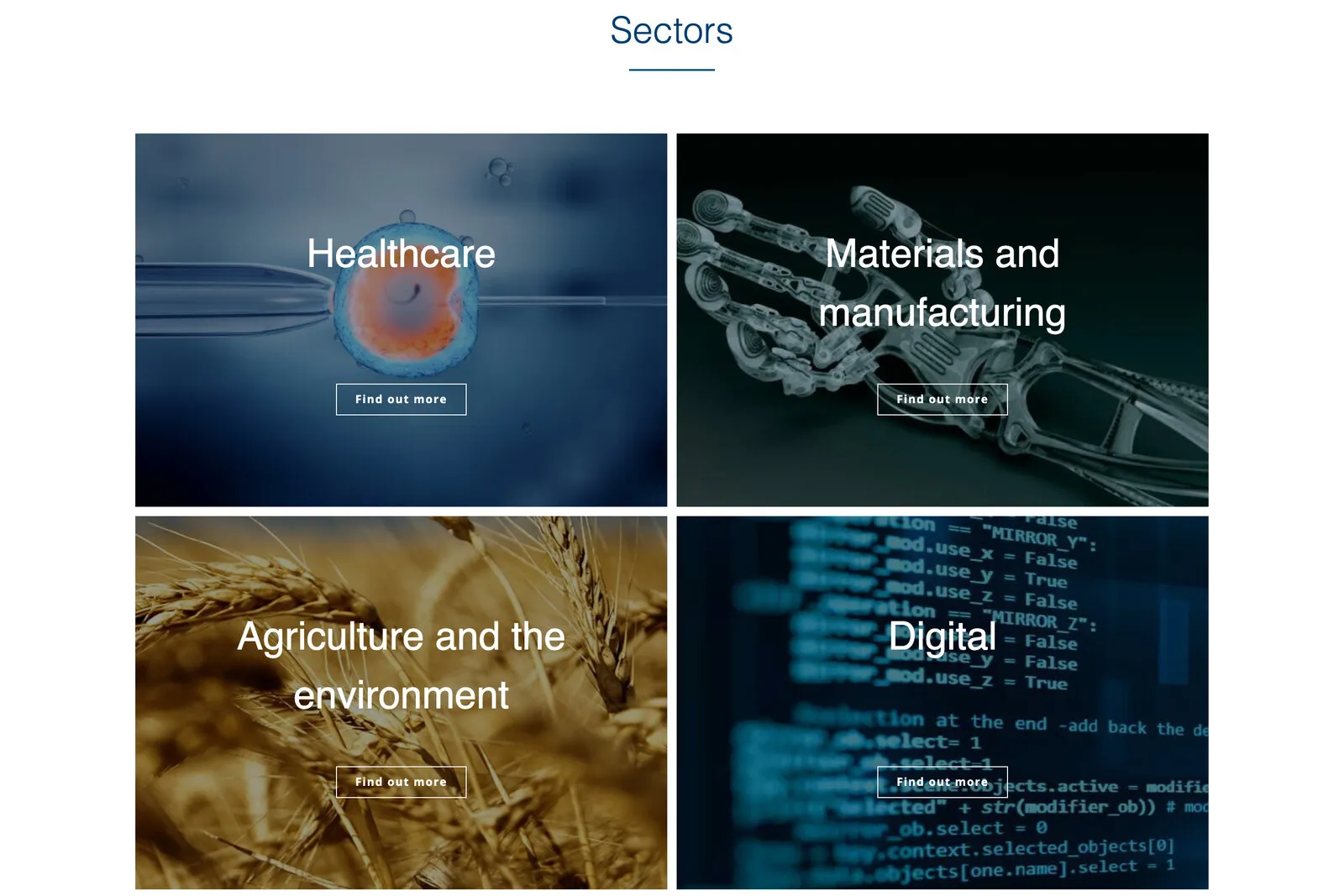 The home page’s four sectors as photo tiles: Healthcare, Materials and manufacturing, Agriculture and the environment, and Digital