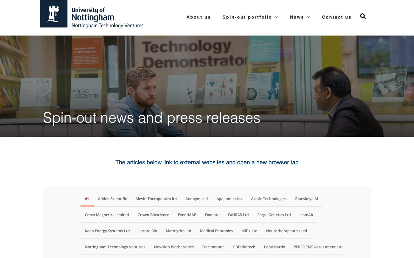 The Spin-out news and press releases page: two people talking in the University’s Technology Demonstrator, a note that the articles open on other websites, and a filter of company names