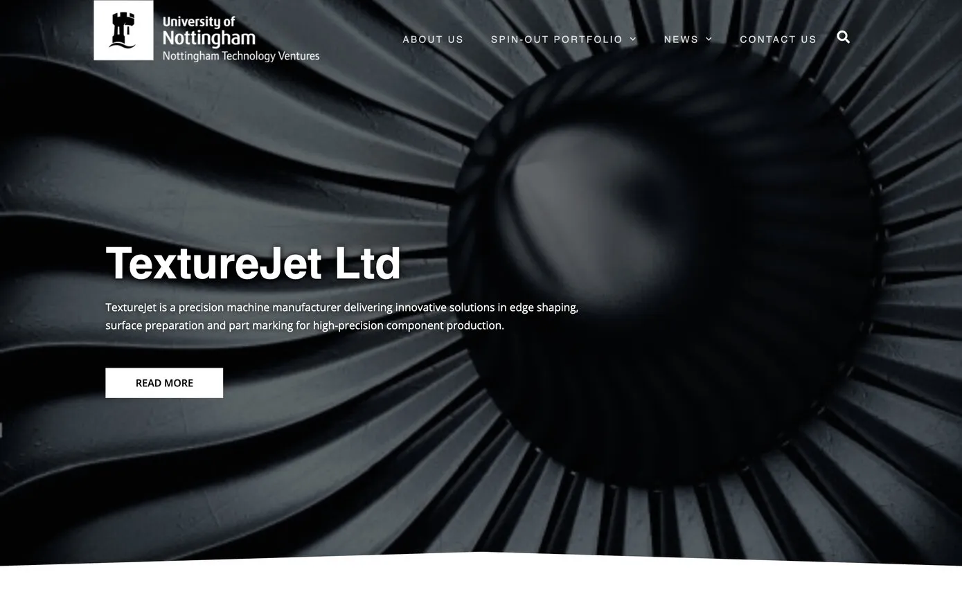 TextureJet’s page in the directory: the company’s name and a line about its work over a close-up of a jet engine’s fan blades