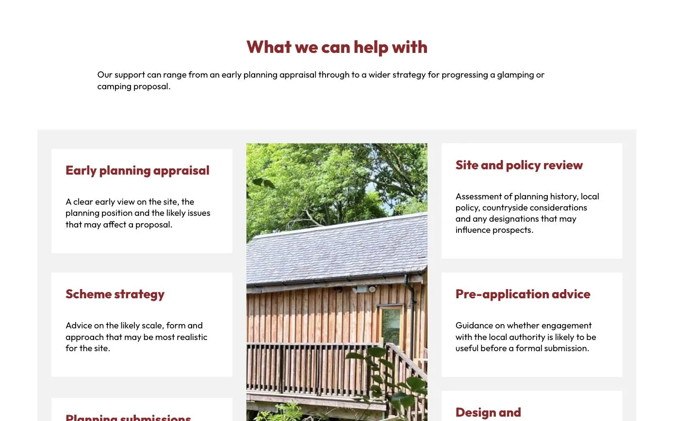 The finished advice page: “What we can help with”, six cards around a photo of a timber glamping lodge