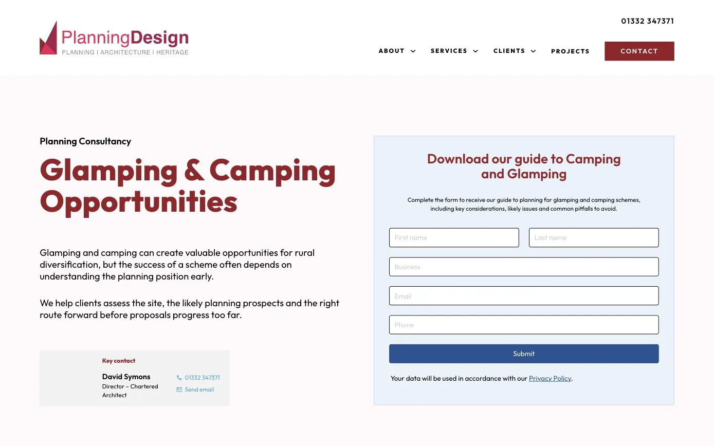 A Planning & Design advice page with a guide download form