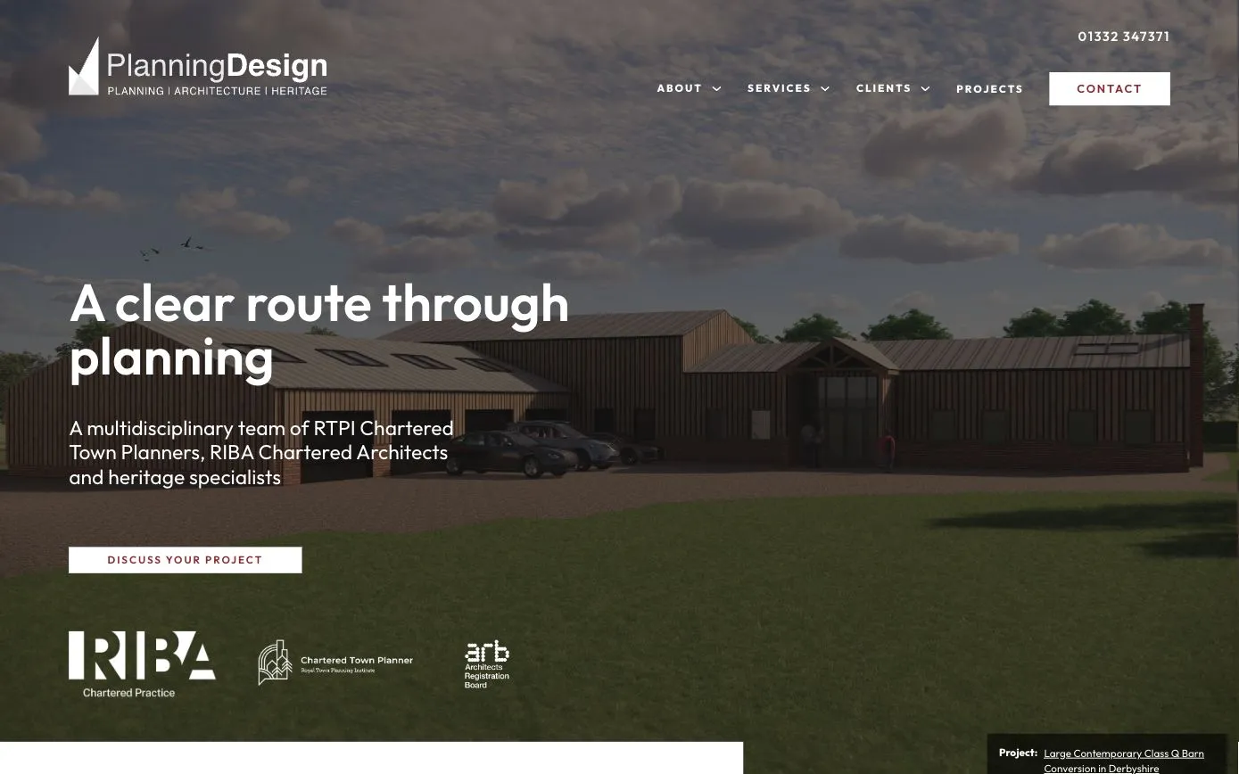 Planning & Design Practice homepage on a desktop browser: “A clear route through planning” over a CGI of a barn conversion