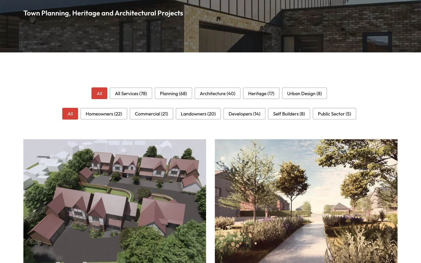 The projects page, filterable by service (planning, architecture, heritage, urban design) and by client type