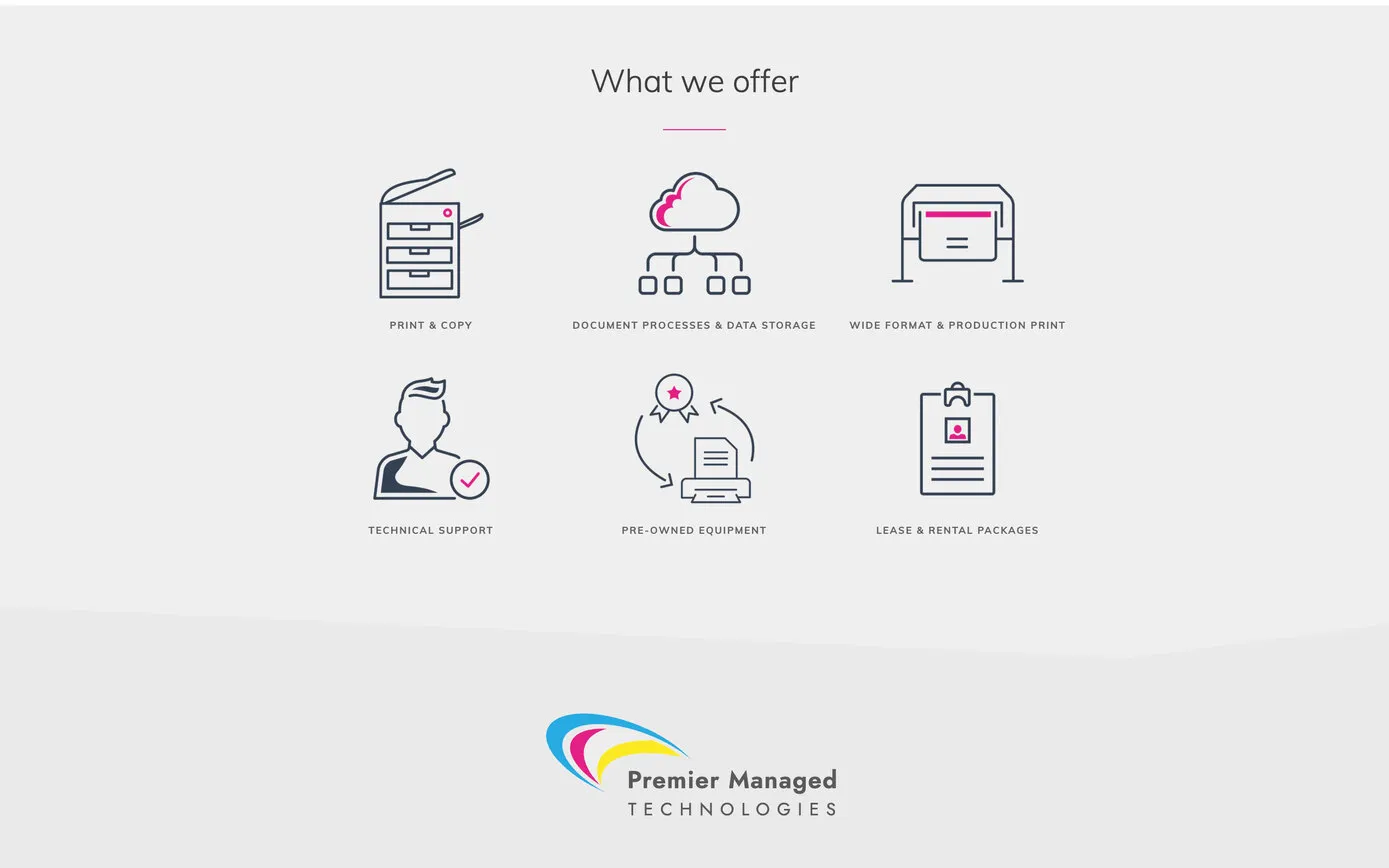 What we offer on the 2021 home page: six line drawings with magenta details for Print & Copy, Document Processes & Data Storage, Wide Format & Production Print, Technical Support, Pre-owned Equipment and Lease & Rental Packages, above the new logo