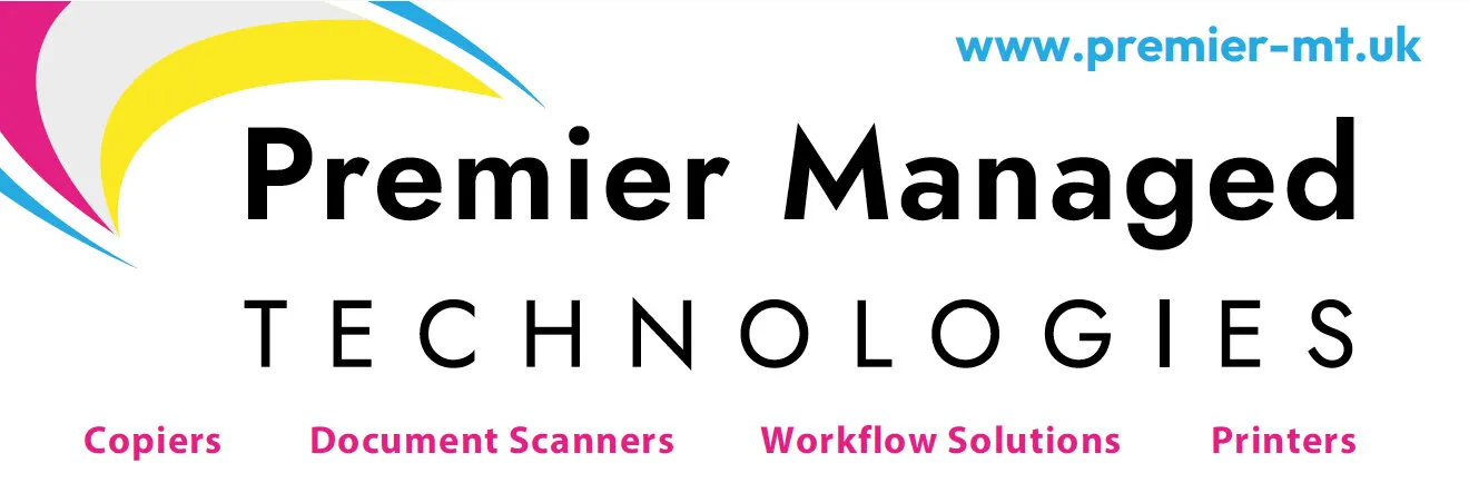The pitch-side board artwork: the cyan, magenta and yellow arcs cropped into the top left corner, Premier Managed over TECHNOLOGIES in large black letters, www.premier-mt.uk in cyan at the top right, and Copiers, Document Scanners, Workflow Solutions and Printers in magenta along the bottom