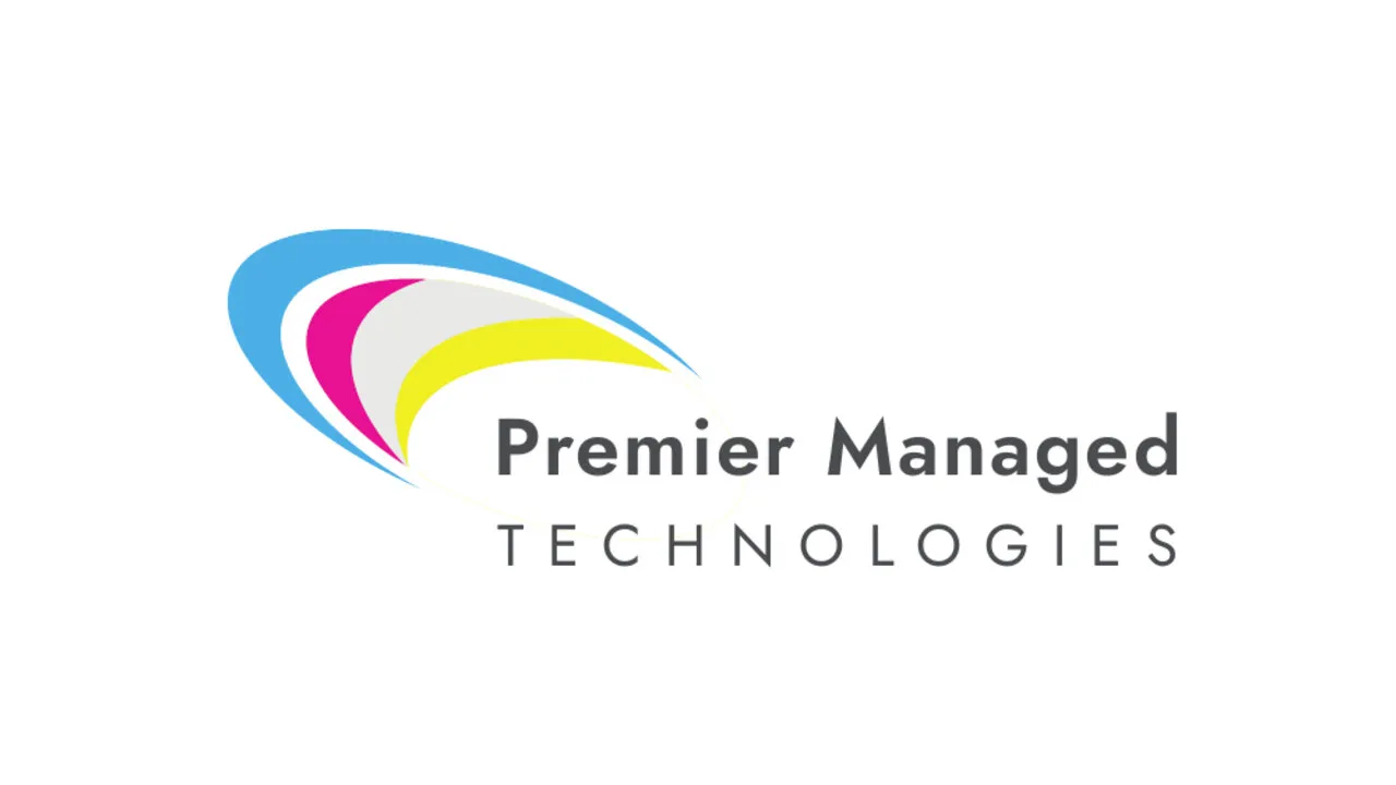 Long sweeping arcs in cyan, magenta and yellow with Premier Managed over TECHNOLOGIES spaced wide: the logo the team chose