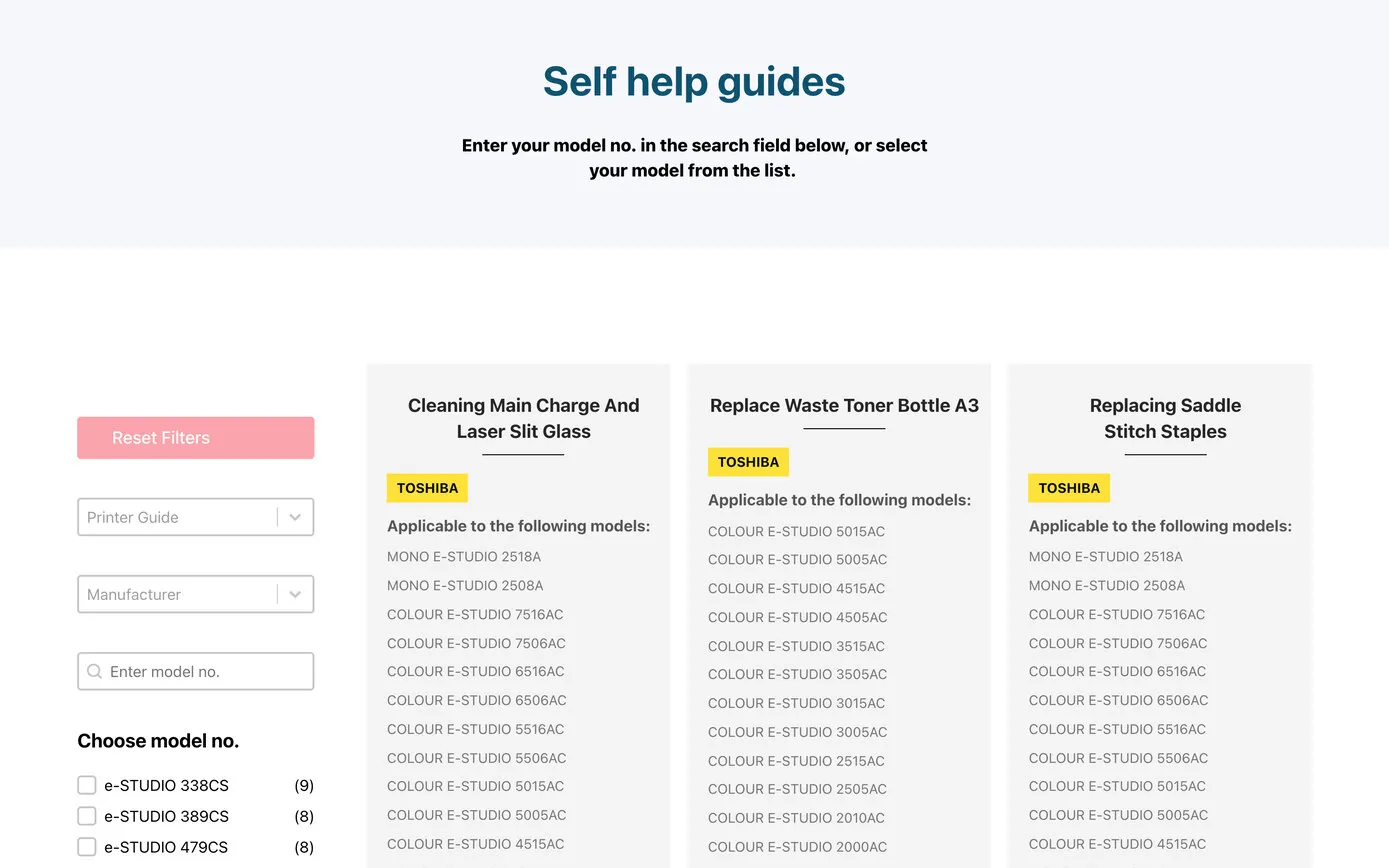 The Self help guides page: “Enter your model no. in the search field below, or select your model from the list”, filters for guide, manufacturer and model number down the left, and guide cards such as Cleaning Main Charge And Laser Slit Glass and Replace Waste Toner Bottle A3, each tagged Toshiba with the models it fits
