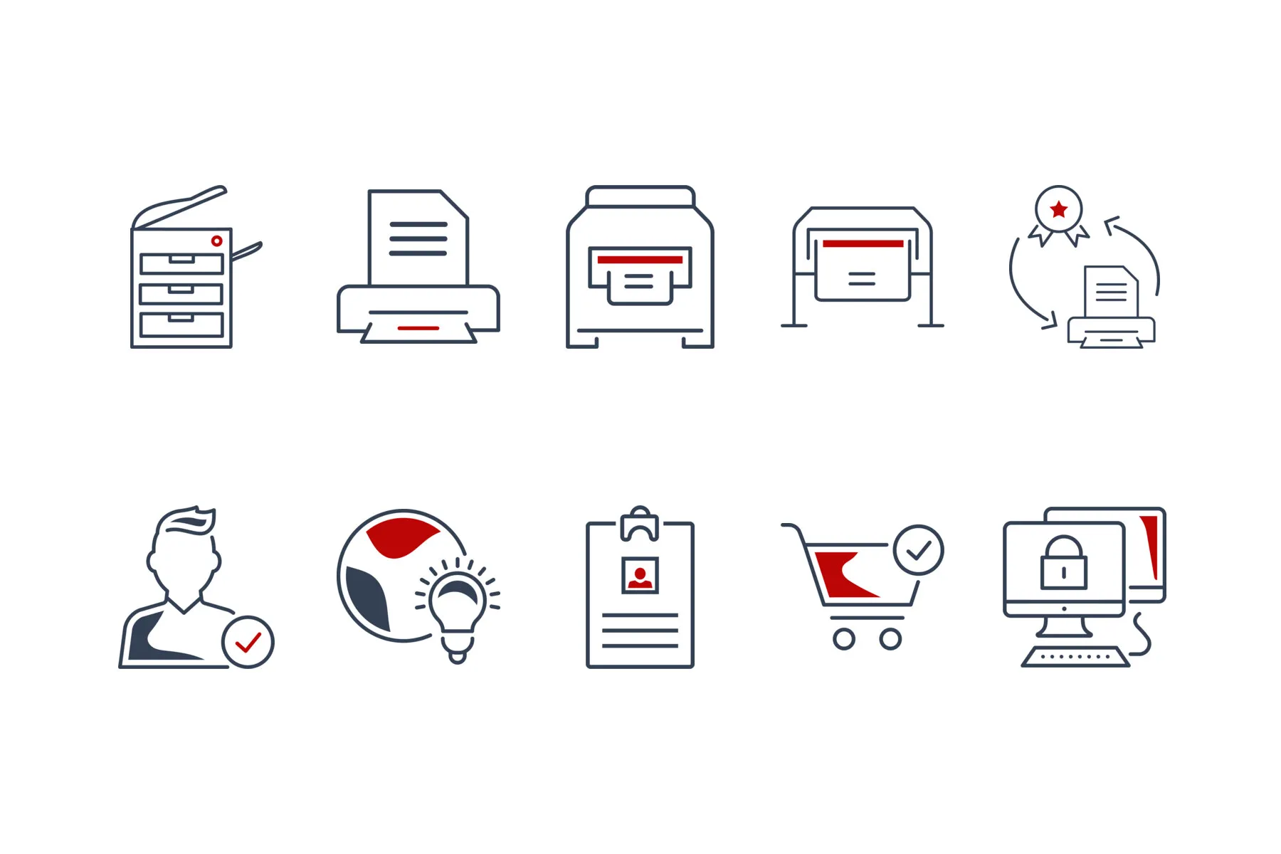 Ten line drawings in navy with red details: a copier, a desktop printer, a production printer, a wide-format plotter, a printer with an award rosette and recycling arrows, an engineer with a tick, a lightbulb, an ID badge, a supplies trolley and a secure computer