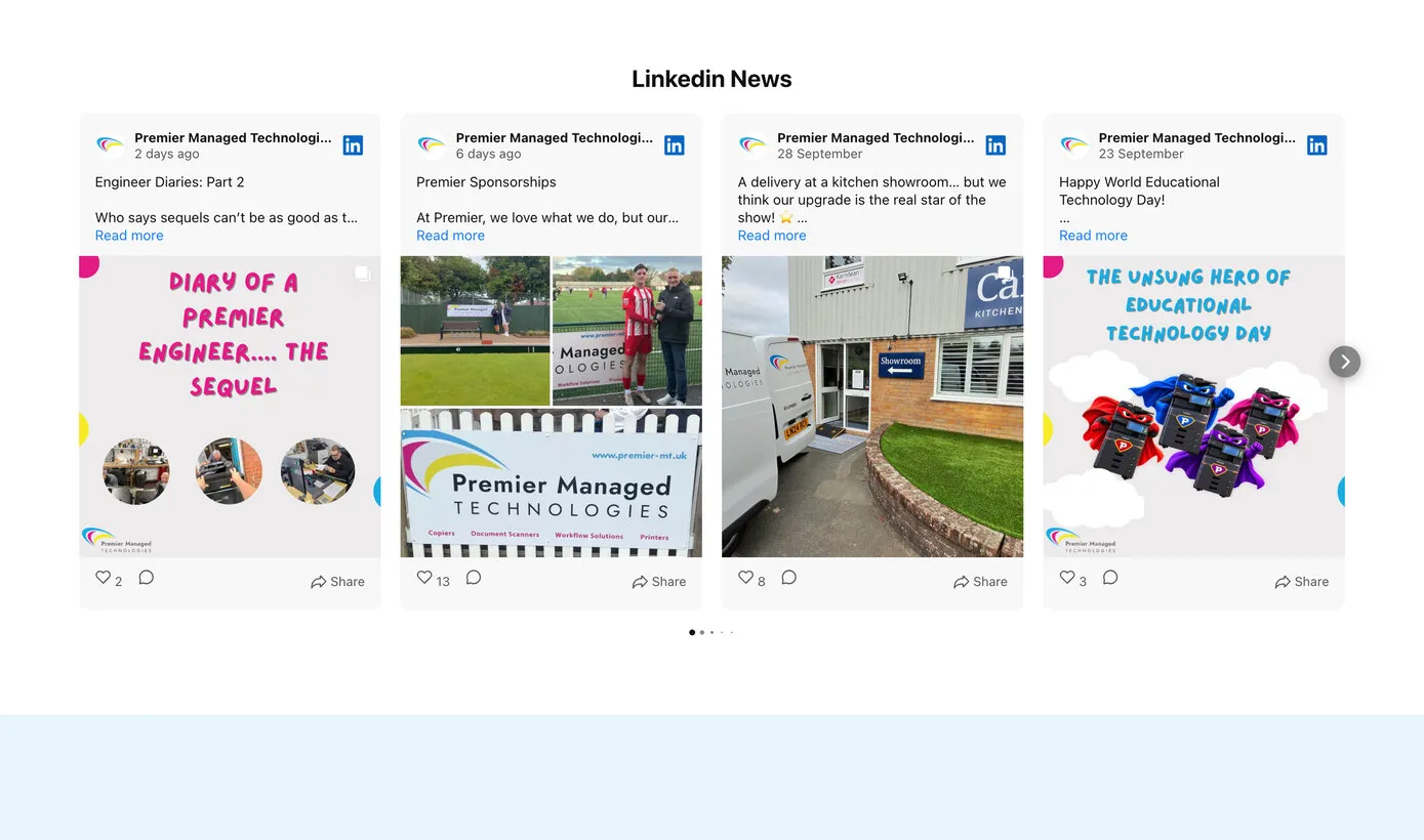 LinkedIn News above the footer: four of the company’s posts as cards, Engineer Diaries, Premier Sponsorships with photos of the pitch-side board at a football ground and at a bowls club, a delivery to a kitchen showroom, and World Educational Technology Day